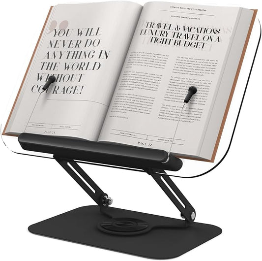 Acrylic Book Stand for Reading Hands Free - Adjustable 360° Rotating Cookbook Holder with Elastic Page Clips & Foldable Base, Multi-Angle Desktop Display Stand for Recipes, Laptops, Tablets, Bibles