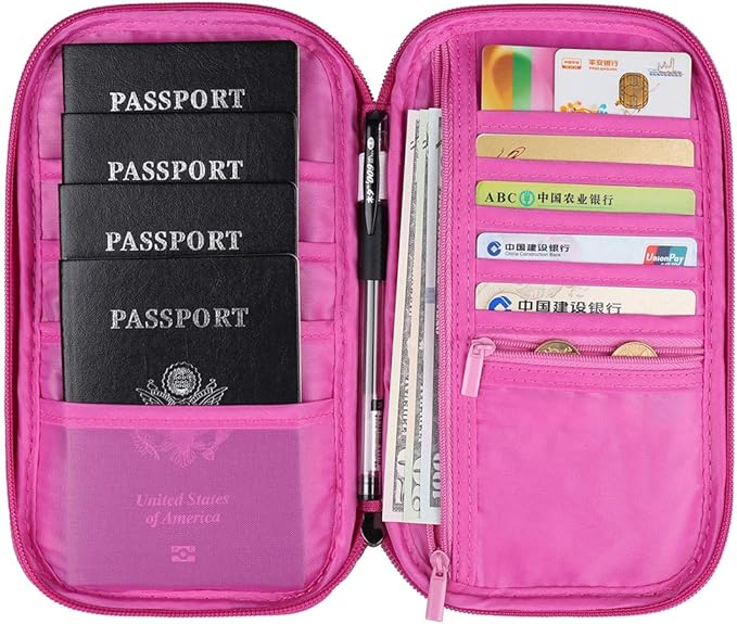 VanFn RFID Travel Passport Wallet, Family Passport Holder, Trip Document Organizer P.Travel Series (Rose Red)