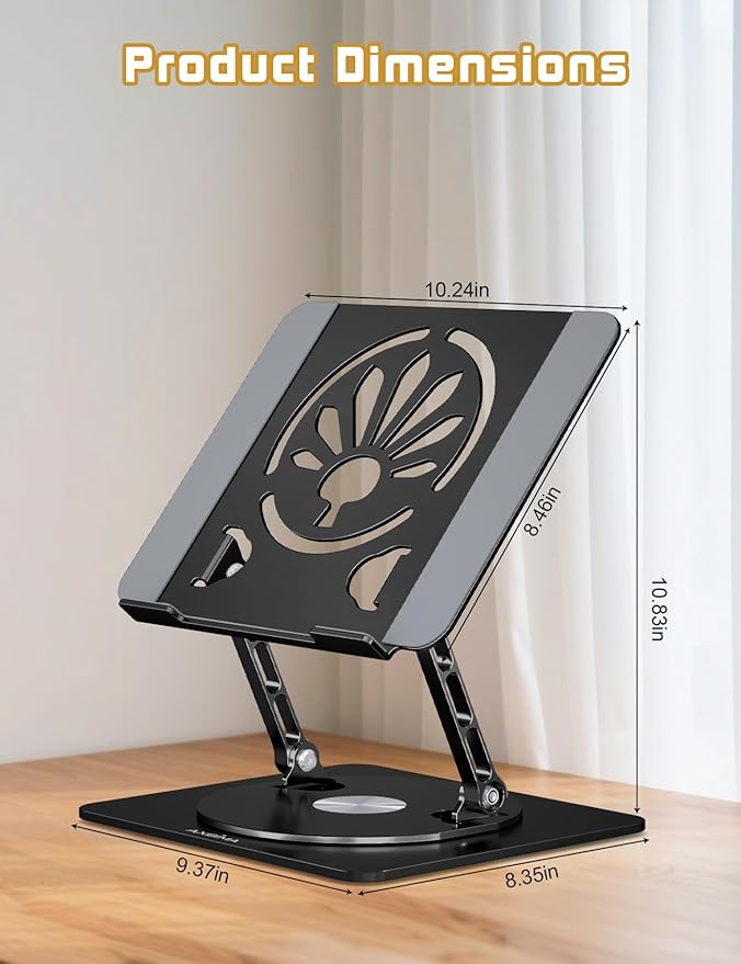 Adjustable Laptop Stand for Desk-360° Rotating Base Aluminum Laptop Riser,Ergonomic Computer Stand for Office Home MacBook Pro/Air Dell HP up to 16'',Black