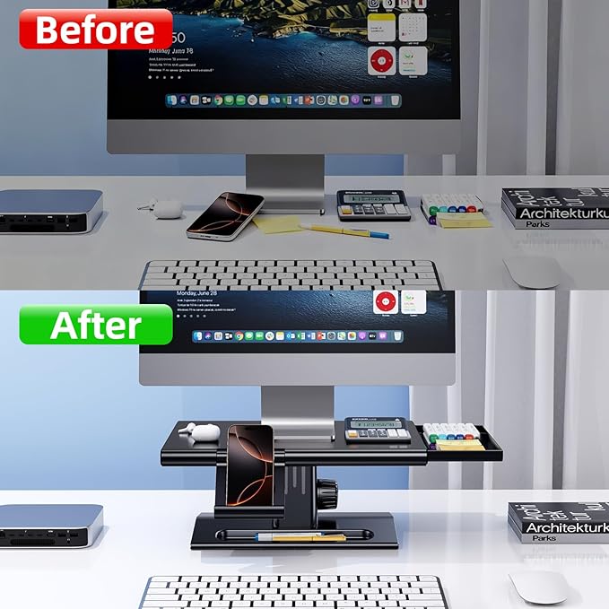 Computer Monitor Stand Riser,Height Adjustable Laptop Stand with Drawer & Phone Holder,Desktop Storage Stand for Printer,Desk Organizer for Office & Home Supplies