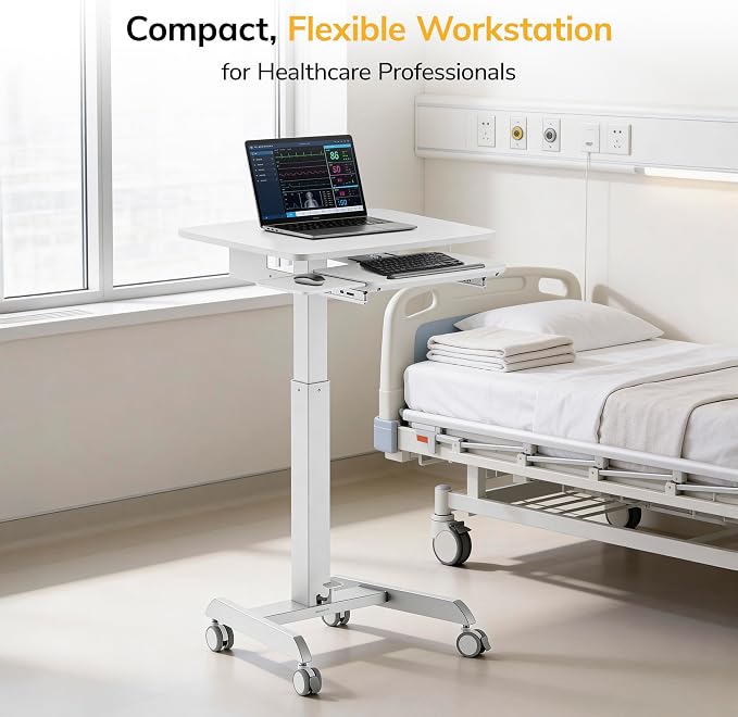 Mount-It! Height Adjustable Rolling Laptop Desk with Keyboard Tray, Mobile Sit-Stand Computer Cart with Wheels, Small Standing Desk for Home, Office, or Classroom, 23.6" x 20.5", White