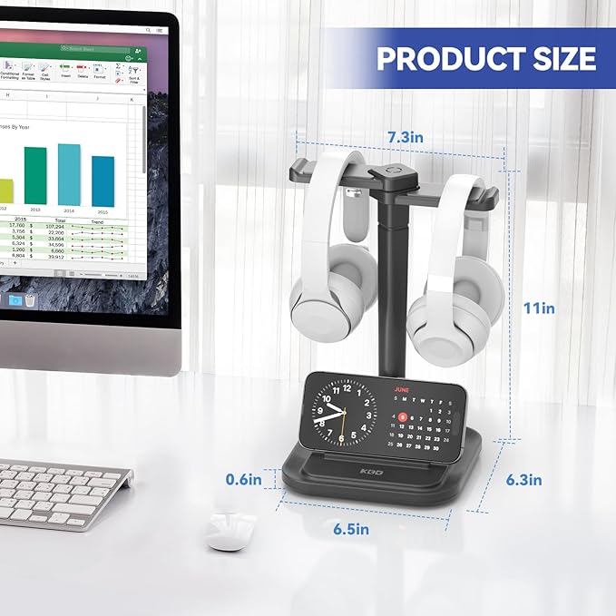 KDD Dual Headphone Stand for Desk - Rotatable Headset Hanger with Phone Holder - Removable Non-Slip Base for Gamers Desktop Accessories