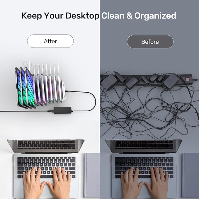 Alxum USB Fast Charging Station with Quick Charge 3.0, 60W 10 Port Charging Stand for Multiple Devices, Compatible with iPad, iPhone, Samsung Galaxy, White