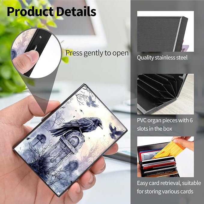 Metal Wallet, Credit Card Holder for Women Men Girls, RFID Blocking Aluminum Wallet Slim Hard Case, Mini Travel Wallet, ID Card Holder Business Card Case,Art Raven