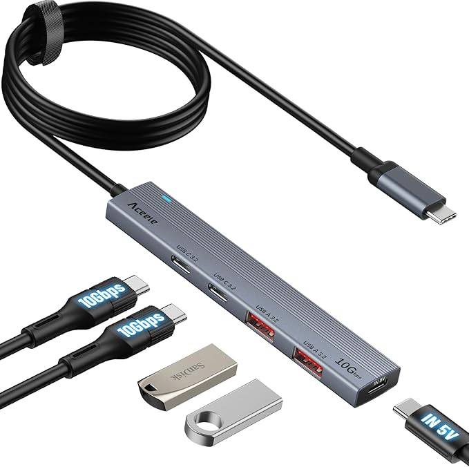 Aceele 10Gbps USB C Hub Splitter with 2 USB A 3.2 & 2 USB C 3.2 + Type-C Power Port, USB 3.2 Gen 2 Hub with 3.3ft Extender Cable for MacBook Pro/Air, Etc(Not Support Charging/Monitor)