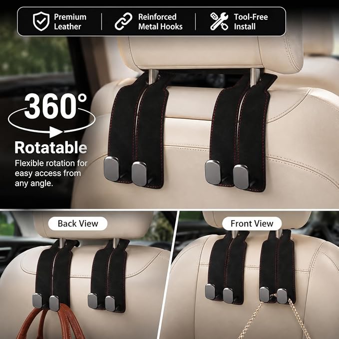 2Pcs Wide Car Headrest Hooks for Purses and Bags, 2026 Upgraded 0.98” Wide Opening for Thick Bag Handles, Premium Leather Car Seat Hanger with Dual Metal Hooks, WideFit Gray