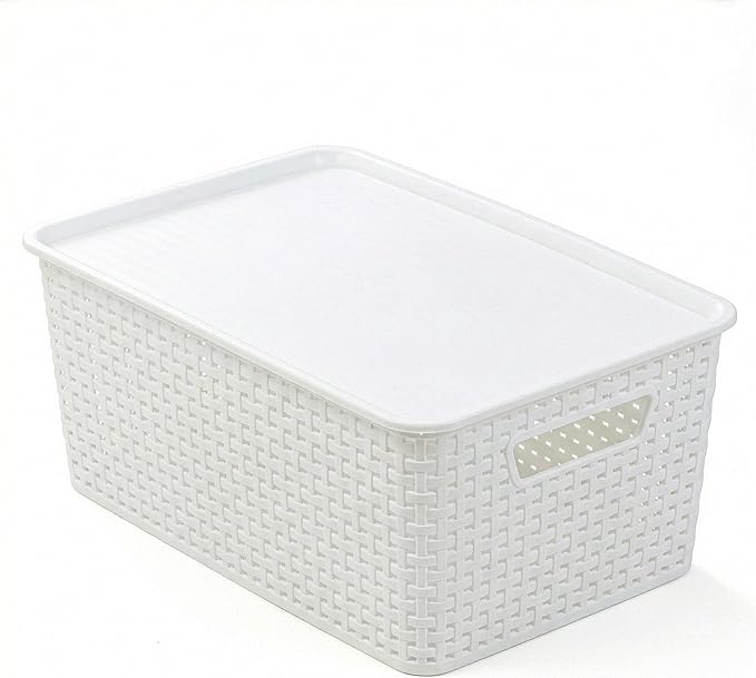 BINO | Plastic Storage Baskets with Lids, 15.5 Liter - 3 Pack, White | THE WOVEN COLLECTION | Storage Basket for Shelves Woven Storage Baskets for Organizing Bins Pantry Shelf Organizer Container Bin