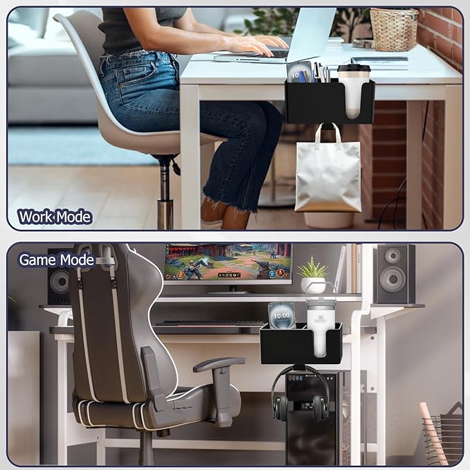 Yinqster 2/3/4 in 1 Desk Cup Holder and Headphone Hanger,Clip on Cup Holder with Rotating Headphone Stand & 2 Wire Holes,Detachable Side Desk Organization for Table,Office Accessories