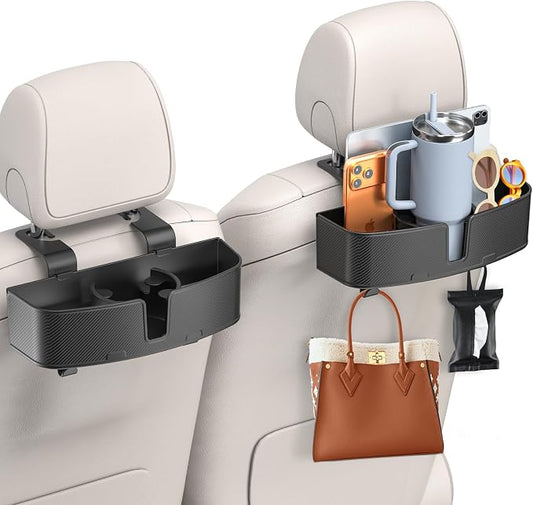 MAGJIEYX Car Headrest Cup Holder for Back Seat Organizer for Multi-Hanging Snack Storage Box with Strong Hooks for Kids and Backseat Passengers Share Rid for Travel Accessories（2-Pack）