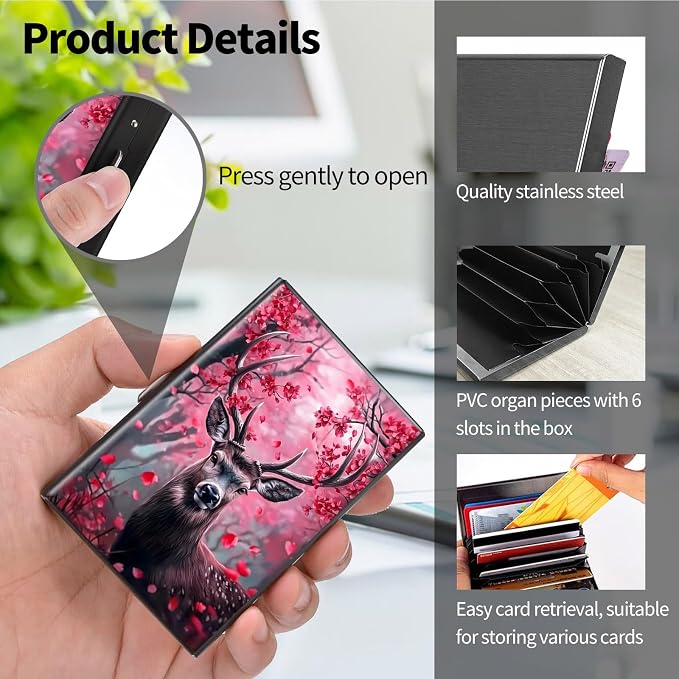 Metal Wallet, Credit Card Holder for Women Men Girls, RFID Blocking Aluminum Wallet Slim Hard Case, Mini Travel Wallet, ID Card Holder Business Card Case,Deer Elk