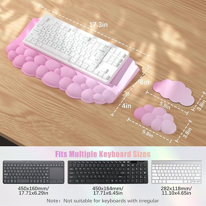 Wrist Rest with Keyboard Stand, Ergonomic Computer Wrist Support Pad, Cloud Keyboard Riser Holder with Wrist Pad, Memory Foam Desk Cushion, Palm Hand Typing for Office Home School-Pink