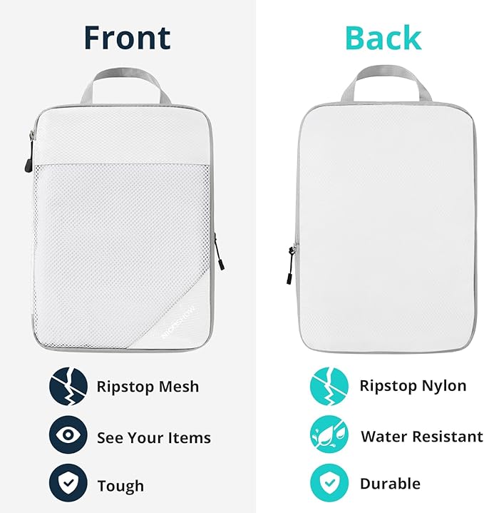 Compression Packing Cubes 6 Set, Compressible Space-Saving Packing Cubes for Travel - Compression Bags, Luggage Organizer, Travel Essentials for Women, White
