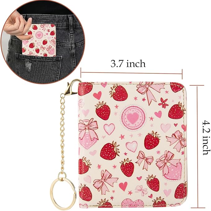 AIRMORS Small Wallet Women Cute Credit Card Holder Billfold Slim Card Holder Wallets for Travel Girls Thin Bifold Pocket Mini Coin Purse with ID Window (Pink Strawberries)