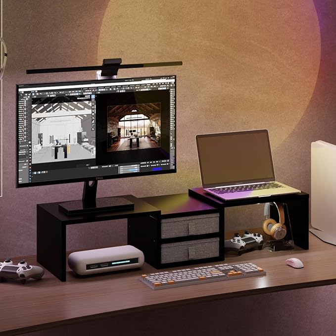 TEAMIX Dual Monitor Stand Riser with 2 Drawers-Length and Angle Adjustable 3 Shelf Monitor Riser with Storage Desk Organizer Large Computer Monitor Stand for 2 Monitors/Laptop/PC,Wood Screen/TV Stand