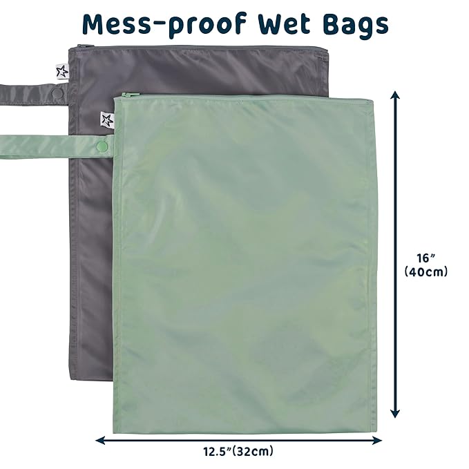 Tiny Twinkle Mess Proof Wet Bags | 2-Pack Reusable Waterproof Wet Bags for Swimsuits | Baby Clothes | Travel & Diaper Bag (Sage, Charcoal)