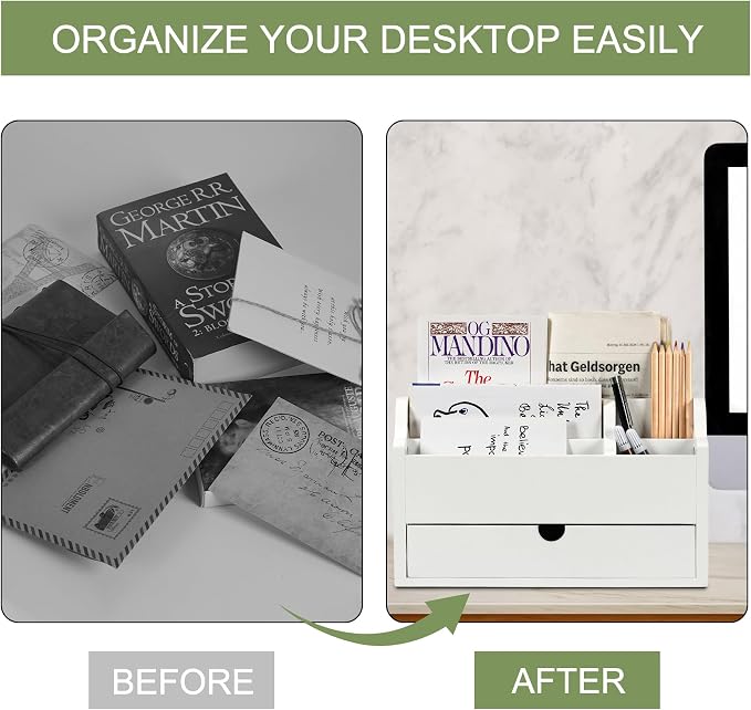 Desk Organizer with Drawer Wood File Office Mail Organizer Countertop-5 Slot Tabletop Storage Pen Organizer Letter Holder for School Home Office Supplies (White)