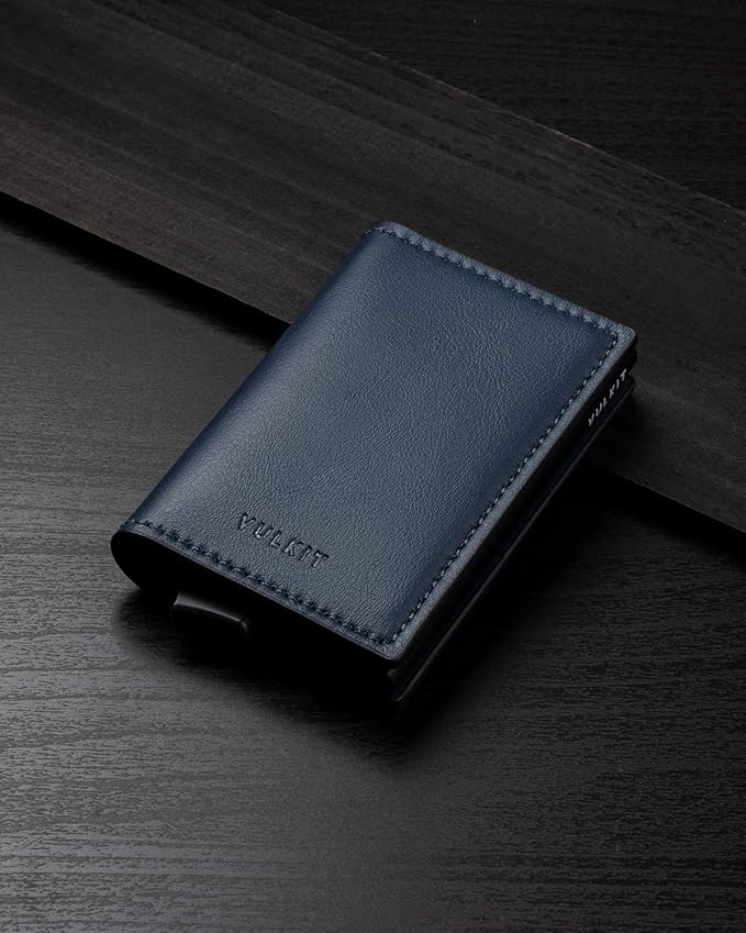VULKIT Credit Card Holder RFID Blocking Leather Automatic Pop Up Wallet Aluminum Pocket Business Card Case