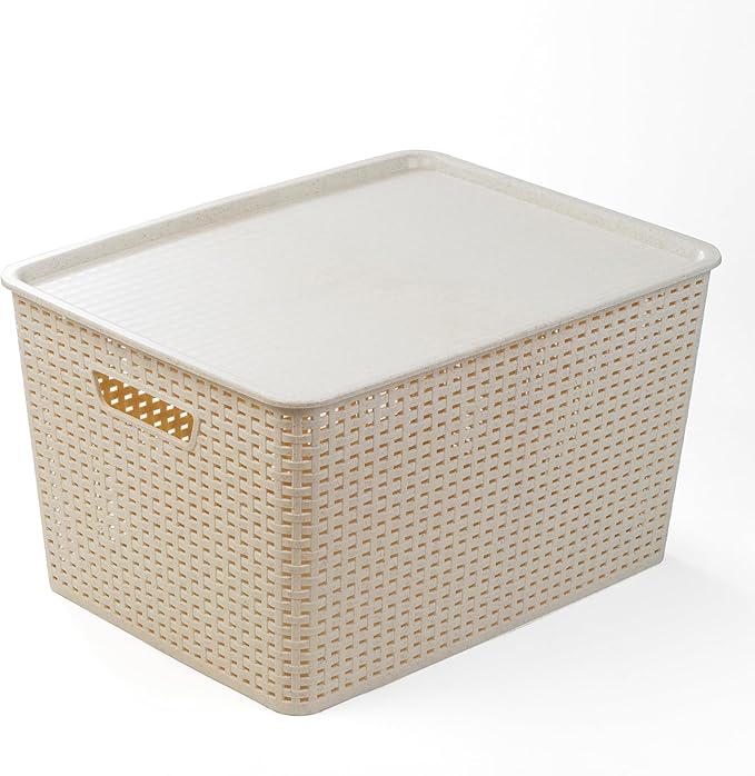 BINO | Plastic Storage Baskets with Lids, 33 Liter - 3 Pack, Natural | THE WOVEN COLLECTION | Storage Basket for Shelves | Woven Storage Baskets for Organizing Bins | Pantry Shelf Organizer Bin