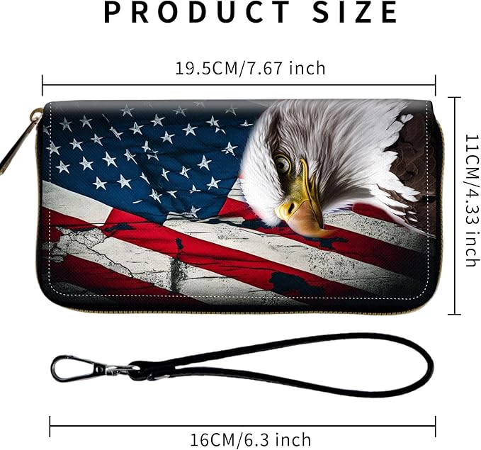 Wallet,Leather Long Wallet Suitable For Ladies And Teenagers - Detachable Wristband + RFID Travel Wallet With Card Slot - Bald Eagle American Flag