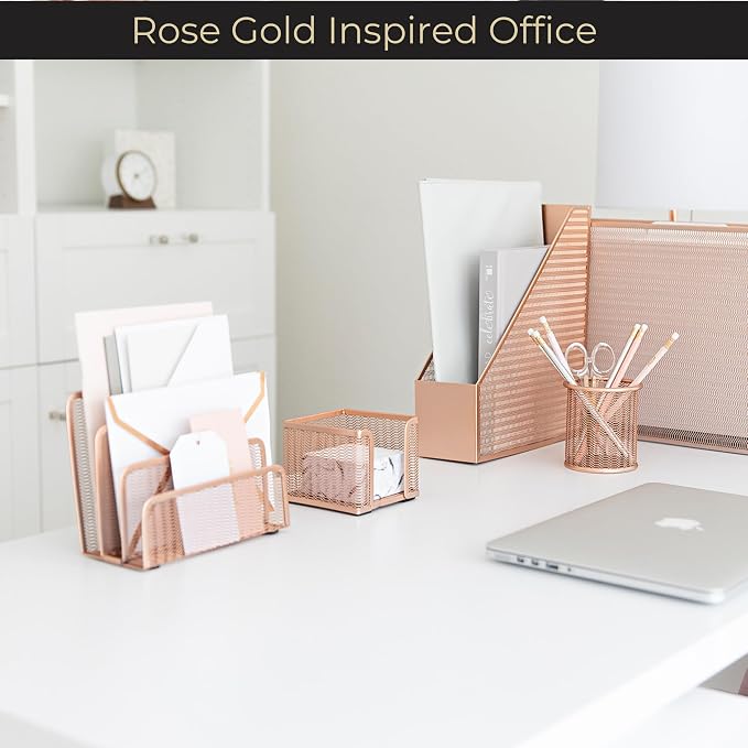 BLU MONACO Rose Gold Metal Mesh Letter Sorter | 3-Slot Vertical Mail Organizer for Desk, Office and Home | Compact Mail Holder for Envelopes, Documents and Files | Modern Desktop Organizer