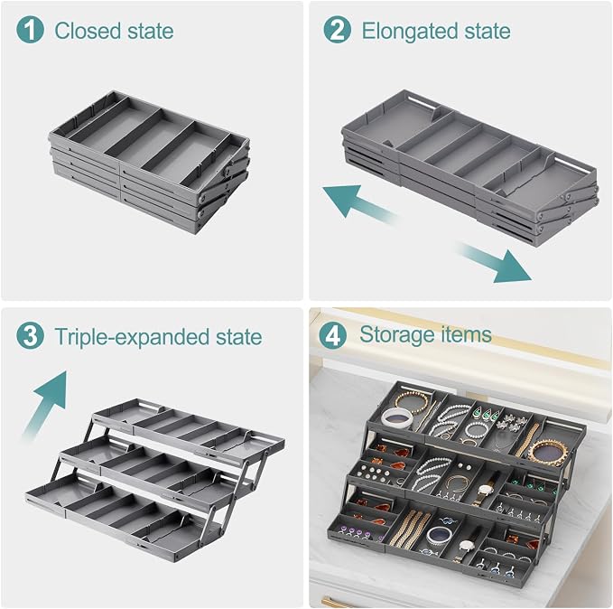 Meqtpomy Multi Level Smart Drawer Organizer – 3 Tier Expandable Drawer Organizer – Jewelry, Junk, Makeup, Silverware Storage Organizer – Perfect for Kitchen, Desk, Medicine Cabinet & More（SMALL）