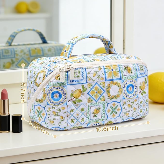 COSHAYSOO Large Lay Flat Quilted Travel Cosmetic Bags Organizer for Women Make Up Skin Care Brush Storage, 25th 30th 40th Birthday Gifts for Mom Sister Summer Beach Vacation Essentials Lemon Decor