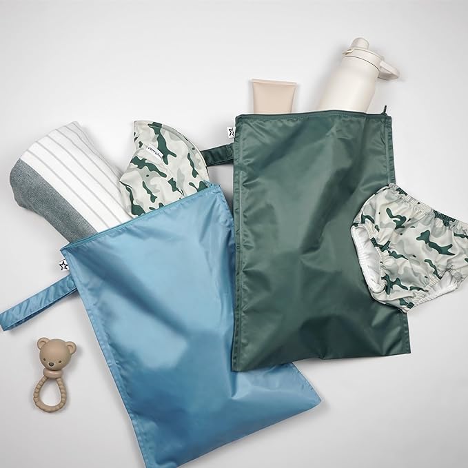 Tiny Twinkle Mess Proof Wet Bags | 2-Pack Reusable Waterproof Wet Bags for Swimsuits | Baby Clothes | Travel & Diaper Bag (Slate, Olive)