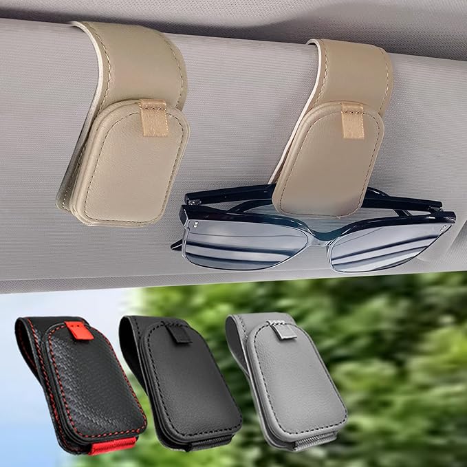 Sunglass Holder for Car, 2 Pack Car Sunglass Holder Visor Clip Magnetic Leather Sun Glasses Eyeglass Hanger, Beige, Fit for Different Size Eyeglasses
