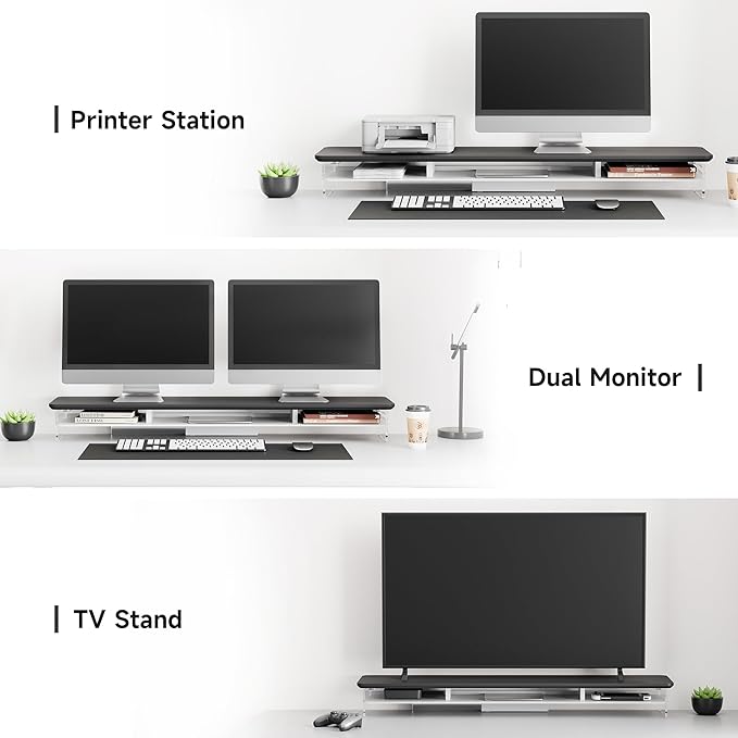 Fenge Acrylic Monitor Stand, 42.5 Inch Clear Dual Monitor Riser with Metal Storage, 2 Tier Computer Riser with LED Lights for Desk, Laptop, Printer, TV