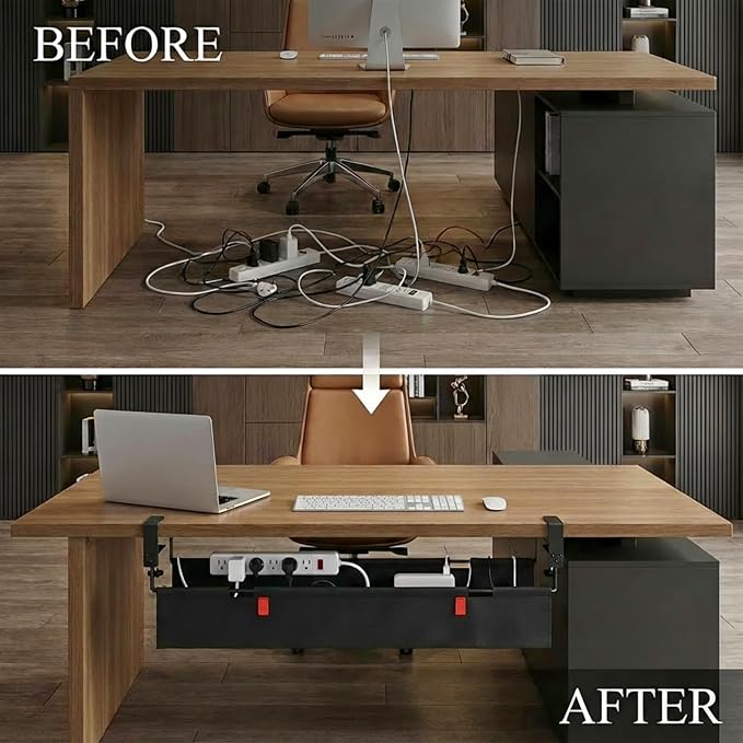 [Upgraded] Under Desk Cable Management, 48" Cord Organizer, with Silicone Pads (No Scratch!), 16 Cable Ties, Washable PE Honeycomb Base,Fits Any Desk 0-2.1", No Stinky Cardboard!Black 48"L x 6"W