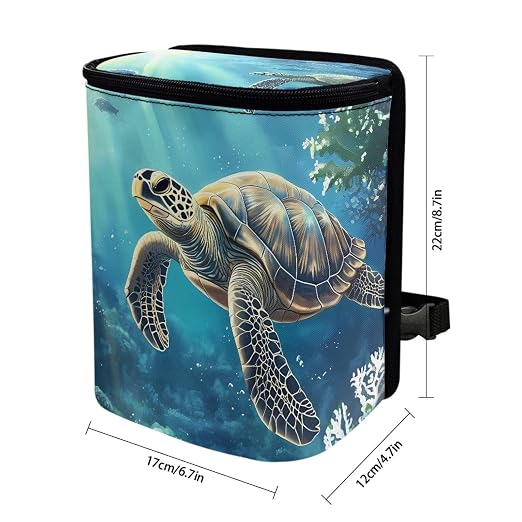 Biyejit Sea Turtle Print Hanging Car Trash Bag Can with Lid, Collapsible Car Garbage Bag with Pockets, Garbage Can for Central Control Leak-Proof Trash Storage Organizer Box