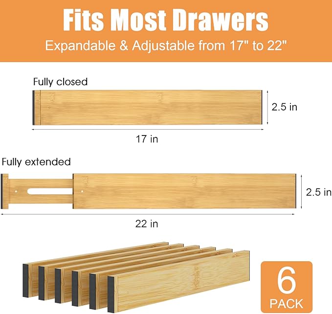 Bamboo Drawer Dividers,17-22" Adjustable Kitchen Drawer Organizer for Clothes,6 Pack Expandable Drawer Organization Separators for Bedroom,Bathroom,Dresser and Office,Natural
