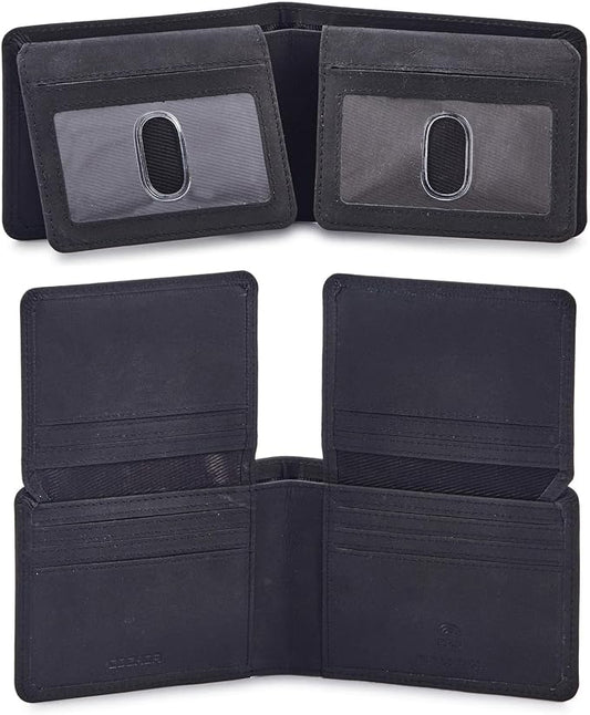Cochoa Wallet for Men Bifold Leather RFID Blocking High Capacity Slim Card Case with 2 ID Window for Gift (Crazy Horse, Black)