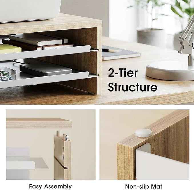 Fenge Monitor Stand, 3-Tier Monitor Riser with Slide-Out Tray, Wooden and Metal Desktop Organizer for Home Office, Computer, Laptop, Printer, Telephone
