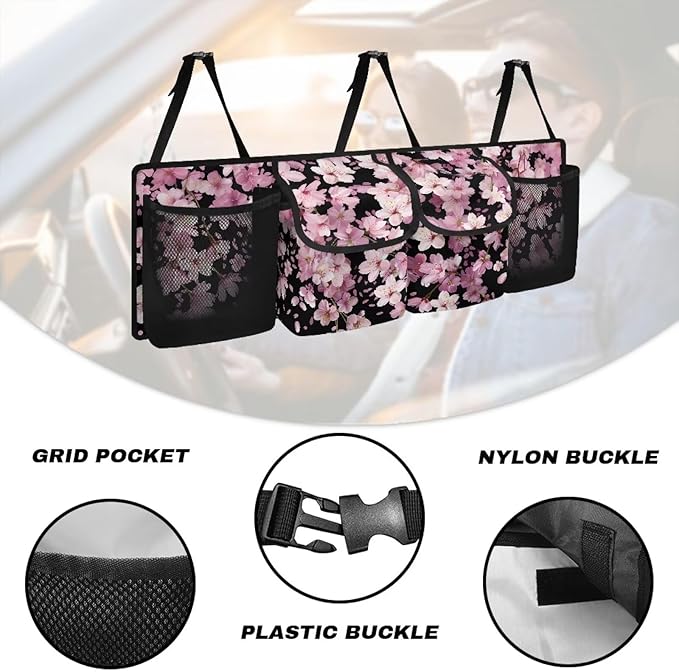 Cherry Blossom Car Organizer and Storage Seat Back Hanging Organizers Storage with 4 Pockets 3 Adjustable Straps Foldable Cargo Storage for SUV, Truck, MPV