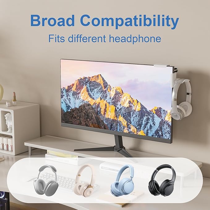Headphone Holder for Screen, Plastic Headphone Stand, Headset Stand Suitable for AirPods Max, Sony, Bose, Beats and More (White)
