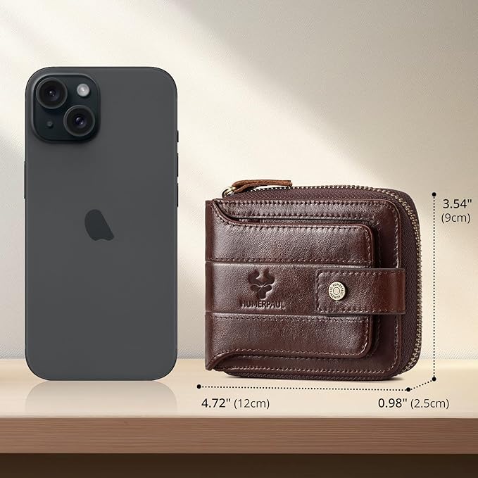 gzcz Mens Wallet with Zipper Genuine Leather Bifold Purse for Men ID Window and Zip Coin Pocket (Coffee)