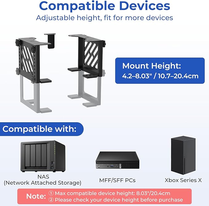Metal Under Desk Mount for NAS Adjustable Mounting Bracket for Desktop NAS 1/2/4 Bay Network Attached Storage Under Desk Holder for NAS/Small PC/SFF Desktop Tower/CPU/UPS and More with Cable Ties
