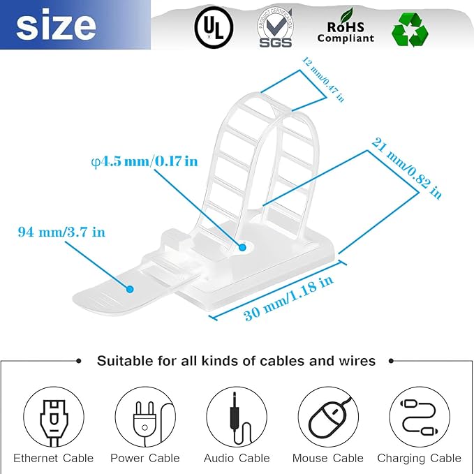 Adjustable Adhesive Cable Management Clips 50Pcs, Large self Adhesive Cable Ties Clips ，Suitable for Cable Management Under desks and on Walls (White)