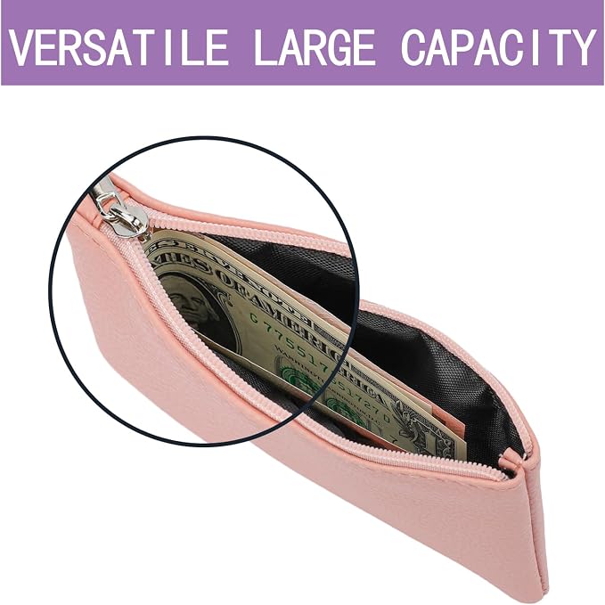 2 Pack Portable PU Leather Mini Coin Purse with Zipper for Women - Credit Card, Folded Bills, ID, Key, Headset, Lipstick (Pink&Purple)