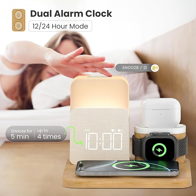 Alarm Clock Charging Station for Bedrooms, 7 in 1 Wireless Charging Station, Magnetic Charger with Night Light Bedside Clock for iPhone 17 16 15 14 13 12 Pro Max, Apple Watch, AirPods (Wood)