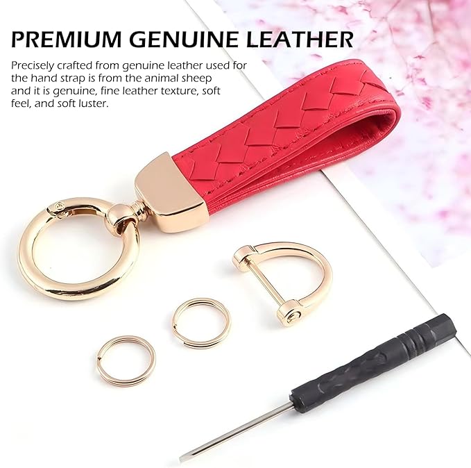 Car Keys Keychain, Leather Key Chain, Red Leather Wristlet Keychain with 2 Key Ring andAnti-Lost D-Ring, Keyfob holder for Women Men (Red)