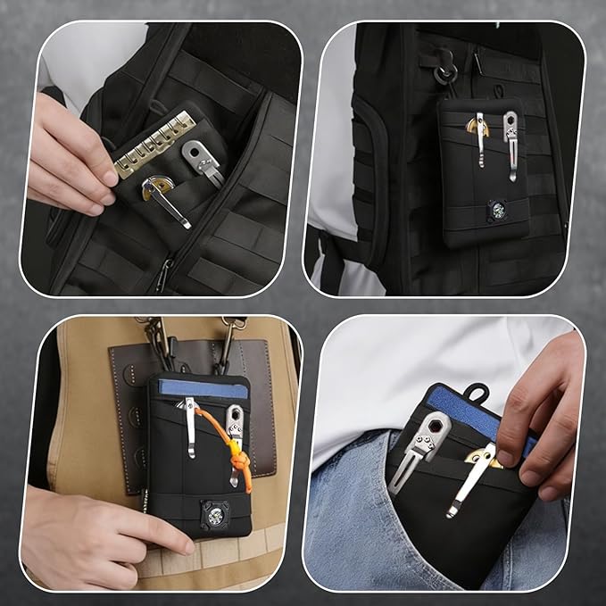 Small EDC Pocket Organizer, 5-Pocket EDC Pouch for Men, Compact EDC Tool Pouch for Knife Flashlight Pen Multitool, Black EDC Belt Pouch for Daily Carry