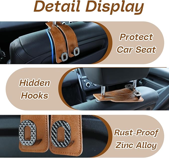 Car Headrest Hooks Universal Car Purse Hook Premium Leather and Alloy Twin Hook Car Seat Back Storage Hanger Hook for Purse Bags Cloth Drink Durable Holder Car Accessories (BH09-Brown-Black-4 Pcs)