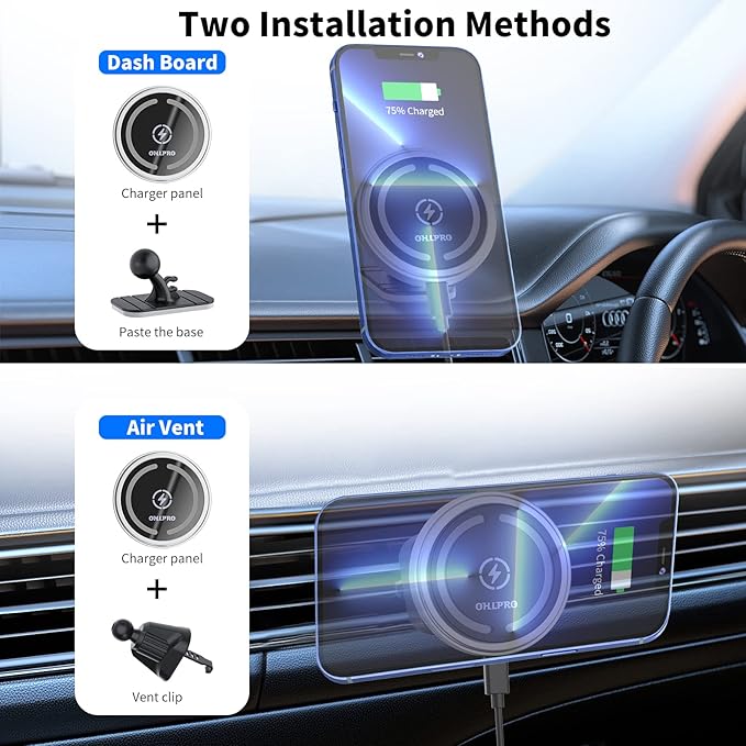 OHLPRO for MagSafe Car Mount Charger iPhone Wireless Car Charger, Stick on Dashboard Magnetic Phone Holder Mount for iPhone 17 Pro Max 16 15 14 Series, 15W Fast Charging, Aluminum Shell