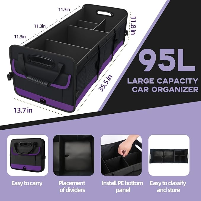 Trunk Organizer for Car, Sturdy Storage Organization with Non-Slip Bottom Strips, 95L Large Capacity Cargo Organizer for Suv, Truck, Sedan, Waterproof Portable Car Organizers for Women Men(Purple)