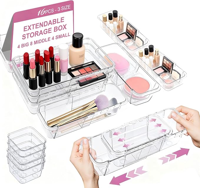 16 Pcs Upgraded Extendable Clear Drawer Organizer, Adjustable Vanity Storage Box, 3-Size Desk Drawer Organizer, Durable Storage Bins for Makeup, Cosmetic, Bedroom Dressers Tool Organizer for Gadgets
