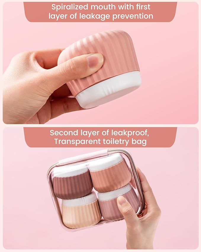 Mrsdry Travel Containers for Toiletries 4 Pack, Clear Hard Zipper Case, TSA Approved Travel Size Toiletries, With Clear Bag Leak Proof Silicone Jars, Creams Jars Carrying Small Items