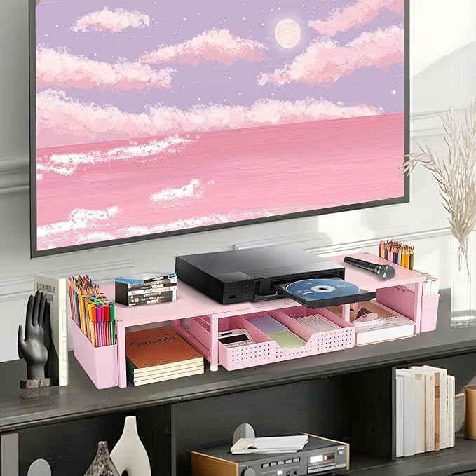 OPNICE Desk Organizers and Accessories, Dual Monitor Stand Riser with Drawer and 2 Pen Holders, Desk Shelf Wood Computer Racks for Office Workspace Organizers, Desktop Organization (Pink Wood)