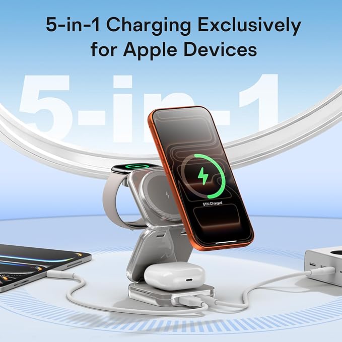 5-in-1 Wireless Charger for MagSafe, AC ISLAND Portable Travel Charging Station, 35W Max Fast Foldable Magnetic Stand, Evolved for iPhone 17-12 & Air Series, Apple Watch, AirPods (with 35W Adapter)